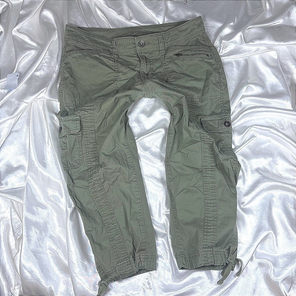 y2k Cargo Capri Pants Green Excellent Faded Glory Utility Crop Drawstring Hem 8
